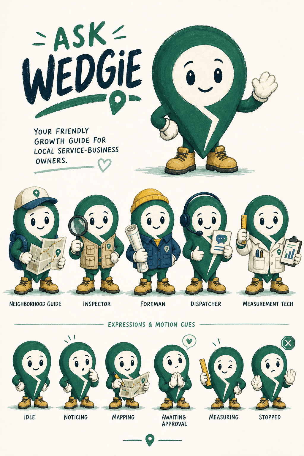 Approved green Wedgie cartoon character shown as a neighborhood guide, inspector, foreman, dispatcher, and measurement technician